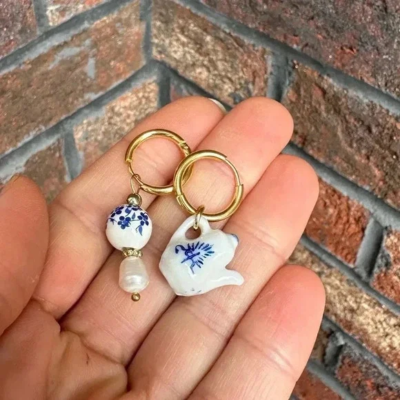 Ceramic Teapot Mismatched Hoop Earrings - Picture 6 of 13